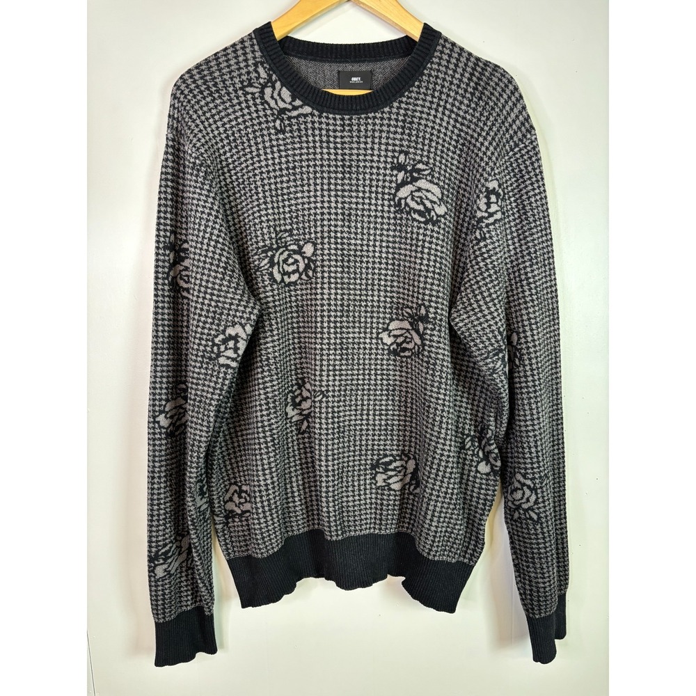 Obey Worldwide Sweater Mens Large Grey Black Houndstooth Rose Knit Crewneck L